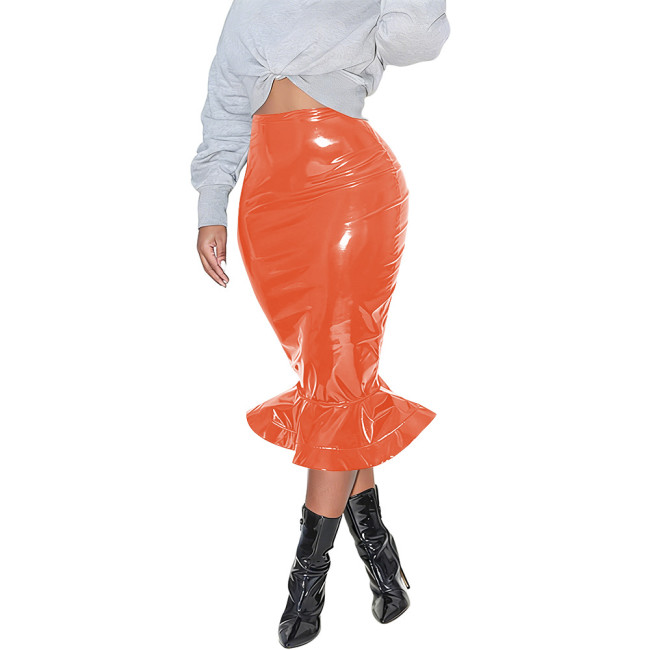 Womens Bodycon Zipper Mermaid Skirt PVC Faux Leather Solid Color Ruffles Hem Midi Skirt Club High Waisted Straight Tight Skirt