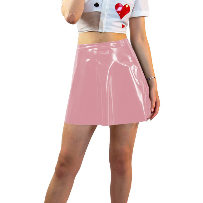 Plus Size Shiny Patent Leather Mini A-line Dress Womens PVC Glossy Short Skating Skirt Gothic High Waist Flared Skirts Clubwear