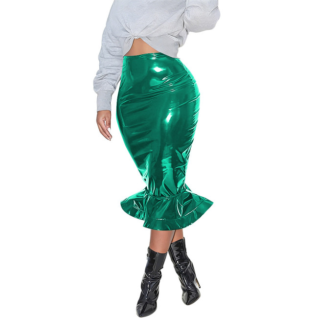 Womens Bodycon Zipper Mermaid Skirt PVC Faux Leather Solid Color Ruffles Hem Midi Skirt Club High Waisted Straight Tight Skirt