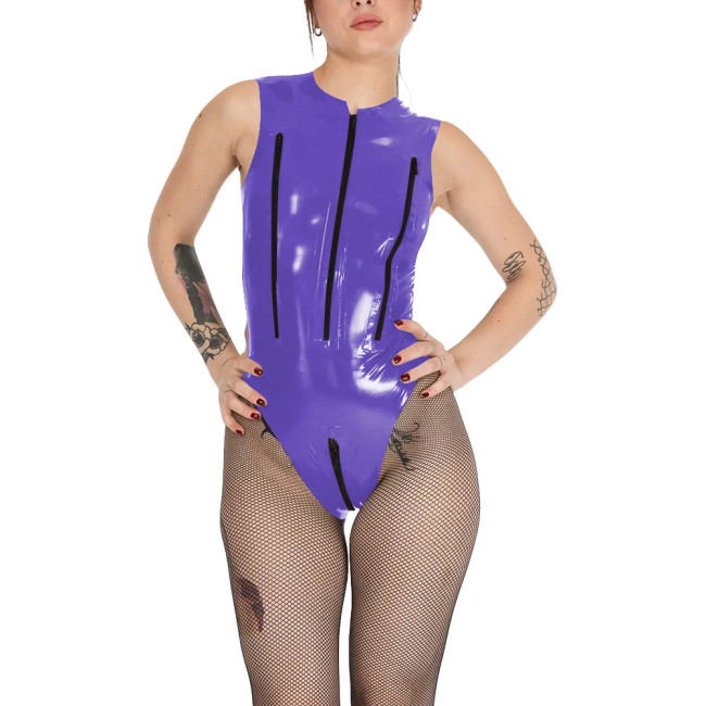 Wetlook Chest Zipper Sexy Tank Bodysuit Womens Zipper Open Crotch Tights PVC Leather Romper Exotic Lingerie Unitard Clubwear