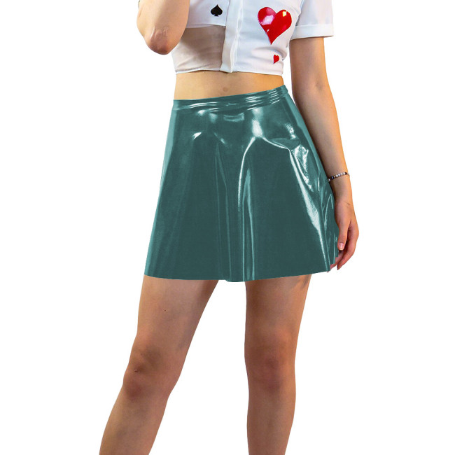 Plus Size Shiny Patent Leather Mini A-line Dress Womens PVC Glossy Short Skating Skirt Gothic High Waist Flared Skirts Clubwear
