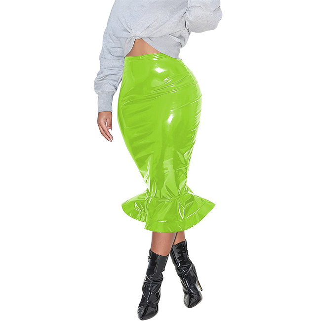 Womens Bodycon Zipper Mermaid Skirt PVC Faux Leather Solid Color Ruffles Hem Midi Skirt Club High Waisted Straight Tight Skirt