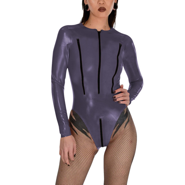 Porno PVC Glossy Leather Bodysuit Sexy Zipper Open Breast Teddies Wetlook Clubwear Lingerie Long Sleeve Zip Crotchless Rompers