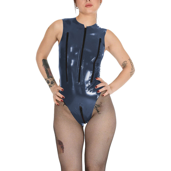 Wetlook Chest Zipper Sexy Tank Bodysuit Womens Zipper Open Crotch Tights PVC Leather Romper Exotic Lingerie Unitard Clubwear