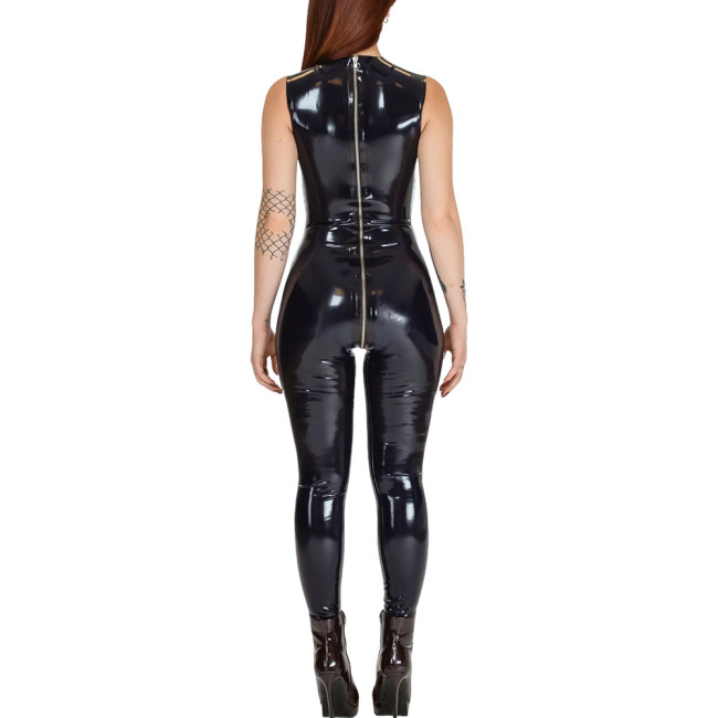 Club Cosplay Sleeveless Sexy Catsuit with Zipper Open Crotch Wetlook PVC Leather Open Breast Jumpsuit Womens Exotic Bodysuit