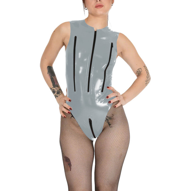 Wetlook Chest Zipper Sexy Tank Bodysuit Womens Zipper Open Crotch Tights PVC Leather Romper Exotic Lingerie Unitard Clubwear