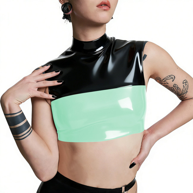 Plus Size Punk PVC Wetlook Leather Cropped Tops Glossy Patchwork Vests Back Zipper Slim Fit Tank T-shirt Pole Dance Clubwear