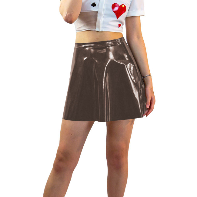 Plus Size Shiny Patent Leather Mini A-line Dress Womens PVC Glossy Short Skating Skirt Gothic High Waist Flared Skirts Clubwear