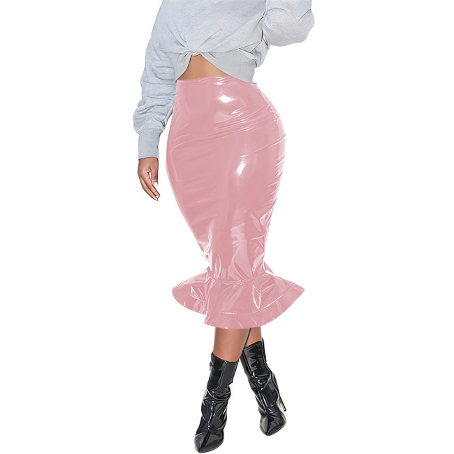 Womens Bodycon Zipper Mermaid Skirt PVC Faux Leather Solid Color Ruffles Hem Midi Skirt Club High Waisted Straight Tight Skirt