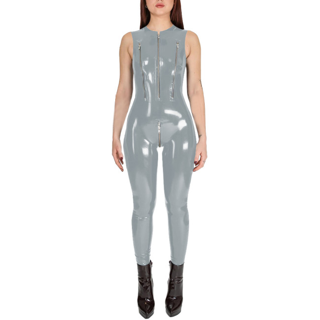 Club Cosplay Sleeveless Sexy Catsuit with Zipper Open Crotch Wetlook PVC Leather Open Breast Jumpsuit Womens Exotic Bodysuit