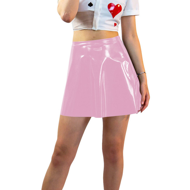 Plus Size Shiny Patent Leather Mini A-line Dress Womens PVC Glossy Short Skating Skirt Gothic High Waist Flared Skirts Clubwear