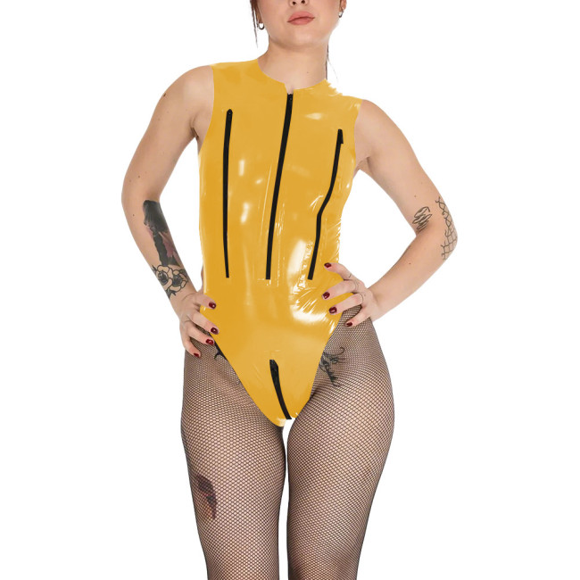 Wetlook Chest Zipper Sexy Tank Bodysuit Womens Zipper Open Crotch Tights PVC Leather Romper Exotic Lingerie Unitard Clubwear