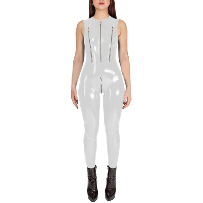 Club Cosplay Sleeveless Sexy Catsuit with Zipper Open Crotch Wetlook PVC Leather Open Breast Jumpsuit Womens Exotic Bodysuit
