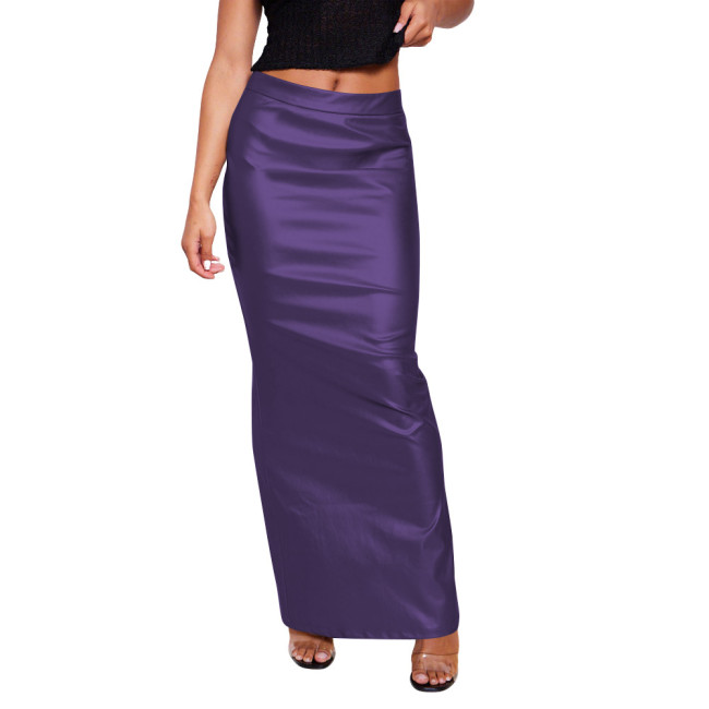 Matte PU Leather Long Pencil Skirts Plus Size Solid Color Maxi Skirt Women's Trendy Wrap Slit Back Skirt Streetwear Club Outfits