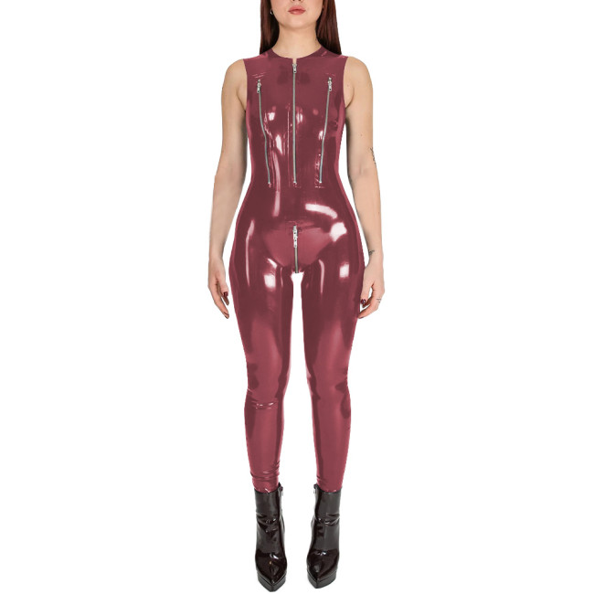 Club Cosplay Sleeveless Sexy Catsuit with Zipper Open Crotch Wetlook PVC Leather Open Breast Jumpsuit Womens Exotic Bodysuit