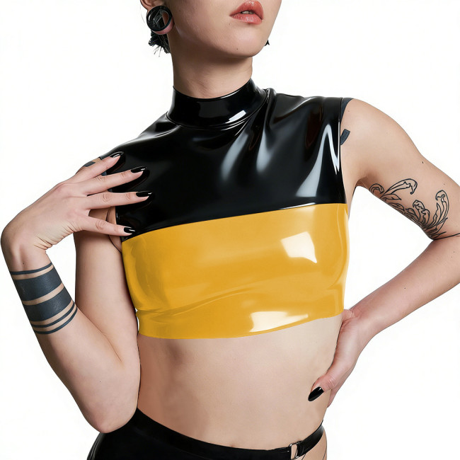 Plus Size Punk PVC Wetlook Leather Cropped Tops Glossy Patchwork Vests Back Zipper Slim Fit Tank T-shirt Pole Dance Clubwear