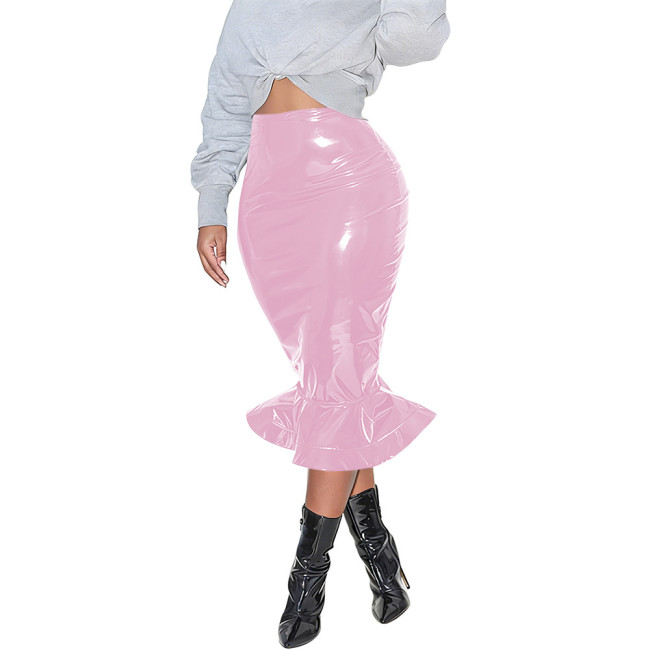 Womens Bodycon Zipper Mermaid Skirt PVC Faux Leather Solid Color Ruffles Hem Midi Skirt Club High Waisted Straight Tight Skirt