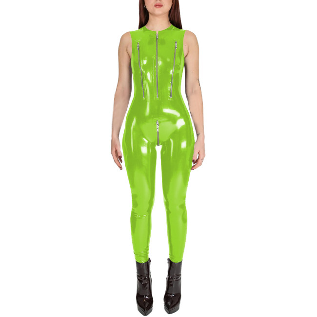 Club Cosplay Sleeveless Sexy Catsuit with Zipper Open Crotch Wetlook PVC Leather Open Breast Jumpsuit Womens Exotic Bodysuit