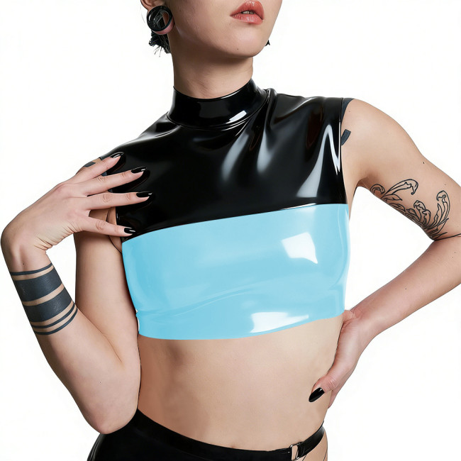 Plus Size Punk PVC Wetlook Leather Cropped Tops Glossy Patchwork Vests Back Zipper Slim Fit Tank T-shirt Pole Dance Clubwear