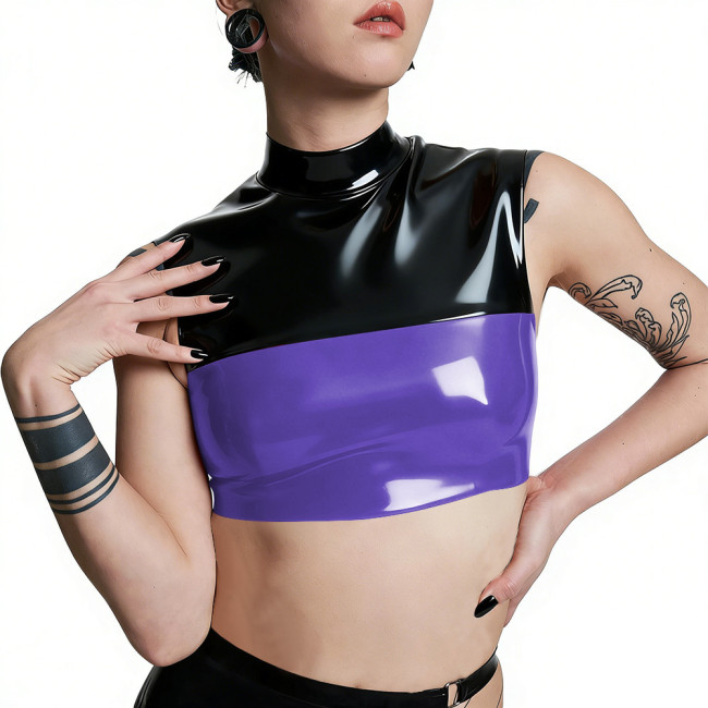 Plus Size Punk PVC Wetlook Leather Cropped Tops Glossy Patchwork Vests Back Zipper Slim Fit Tank T-shirt Pole Dance Clubwear