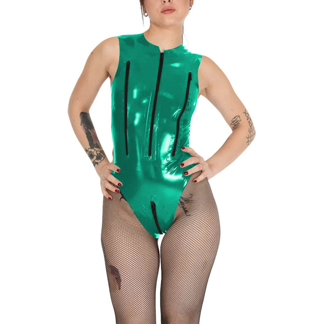 Wetlook Chest Zipper Sexy Tank Bodysuit Womens Zipper Open Crotch Tights PVC Leather Romper Exotic Lingerie Unitard Clubwear