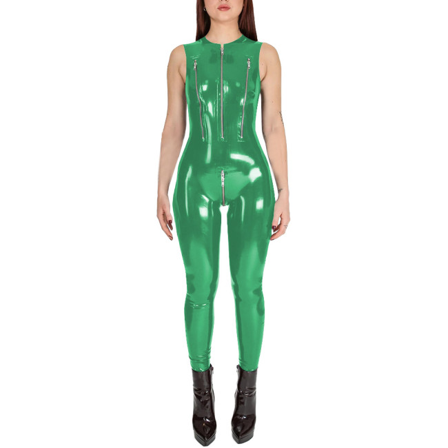 Club Cosplay Sleeveless Sexy Catsuit with Zipper Open Crotch Wetlook PVC Leather Open Breast Jumpsuit Womens Exotic Bodysuit