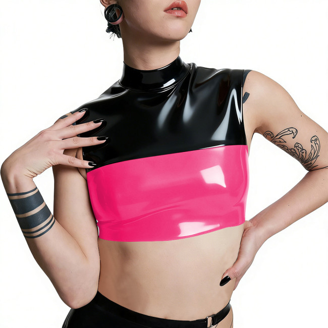 Plus Size Punk PVC Wetlook Leather Cropped Tops Glossy Patchwork Vests Back Zipper Slim Fit Tank T-shirt Pole Dance Clubwear