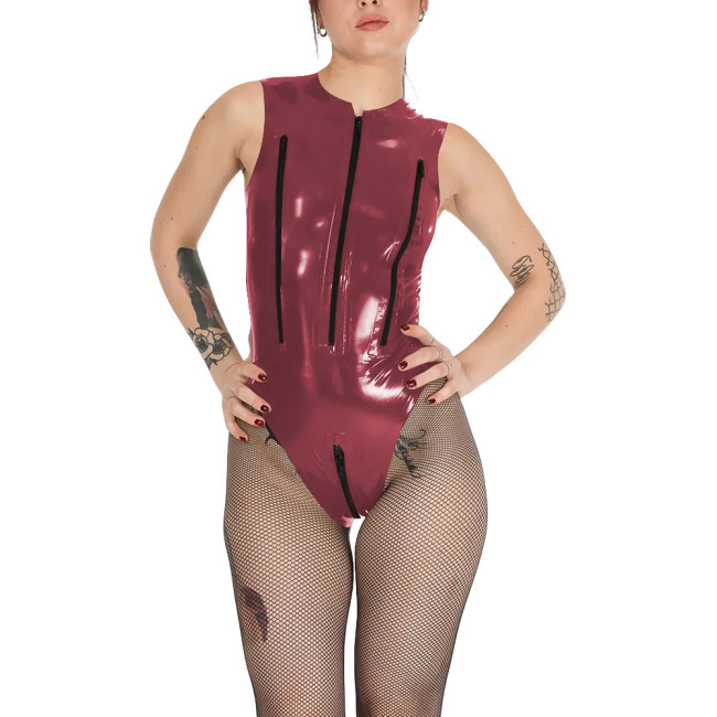 Wetlook Chest Zipper Sexy Tank Bodysuit Womens Zipper Open Crotch Tights PVC Leather Romper Exotic Lingerie Unitard Clubwear