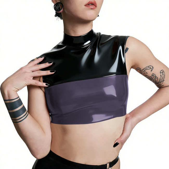 Plus Size Punk PVC Wetlook Leather Cropped Tops Glossy Patchwork Vests Back Zipper Slim Fit Tank T-shirt Pole Dance Clubwear