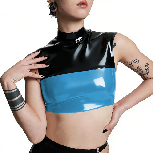 Plus Size Punk PVC Wetlook Leather Cropped Tops Glossy Patchwork Vests Back Zipper Slim Fit Tank T-shirt Pole Dance Clubwear