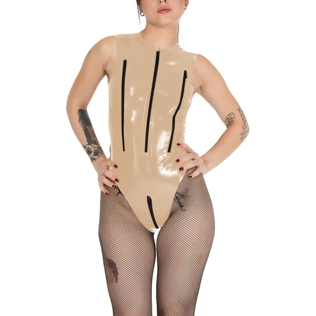 Wetlook Chest Zipper Sexy Tank Bodysuit Womens Zipper Open Crotch Tights PVC Leather Romper Exotic Lingerie Unitard Clubwear
