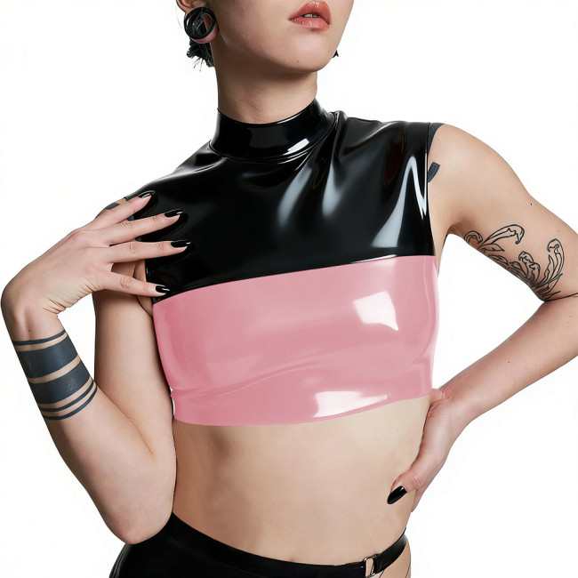 Plus Size Punk PVC Wetlook Leather Cropped Tops Glossy Patchwork Vests Back Zipper Slim Fit Tank T-shirt Pole Dance Clubwear