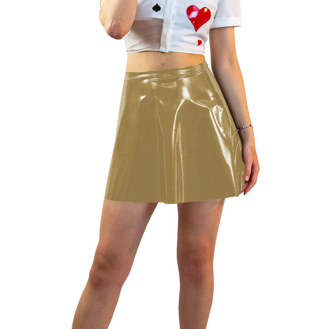 Plus Size Shiny Patent Leather Mini A-line Dress Womens PVC Glossy Short Skating Skirt Gothic High Waist Flared Skirts Clubwear