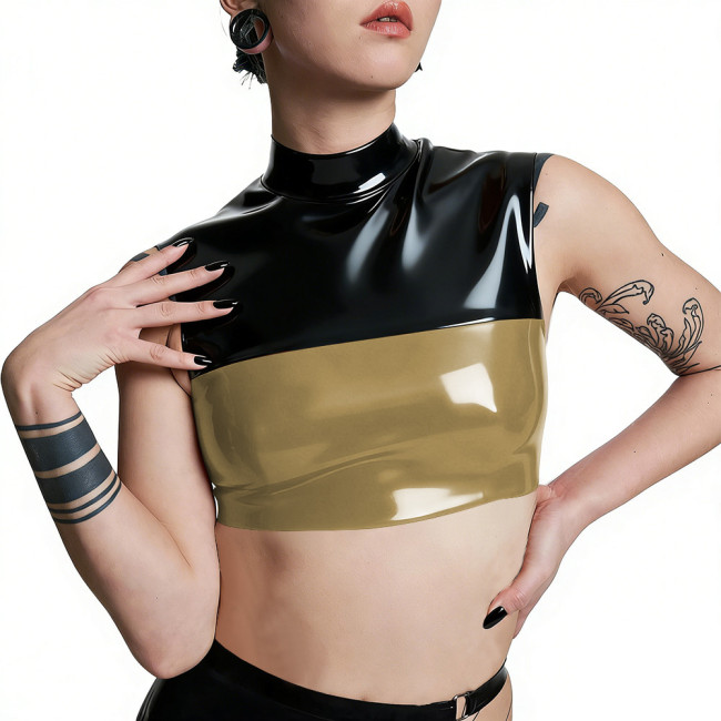 Plus Size Punk PVC Wetlook Leather Cropped Tops Glossy Patchwork Vests Back Zipper Slim Fit Tank T-shirt Pole Dance Clubwear