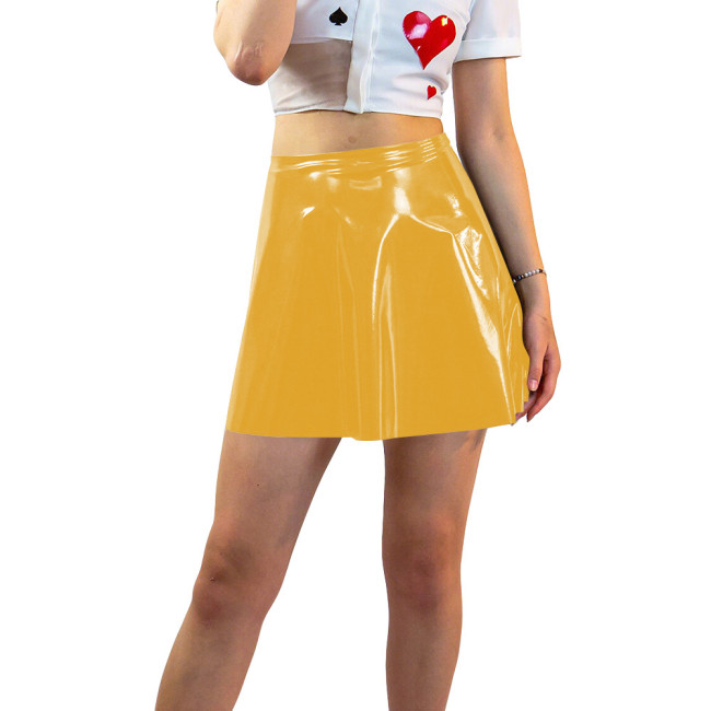 Plus Size Shiny Patent Leather Mini A-line Dress Womens PVC Glossy Short Skating Skirt Gothic High Waist Flared Skirts Clubwear