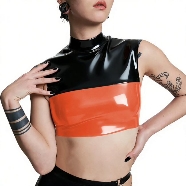 Plus Size Punk PVC Wetlook Leather Cropped Tops Glossy Patchwork Vests Back Zipper Slim Fit Tank T-shirt Pole Dance Clubwear
