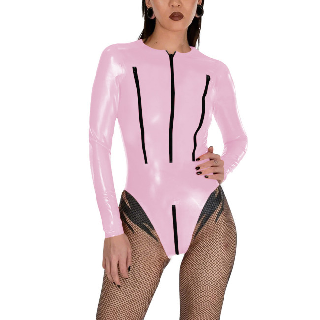 Porno PVC Glossy Leather Bodysuit Sexy Zipper Open Breast Teddies Wetlook Clubwear Lingerie Long Sleeve Zip Crotchless Rompers
