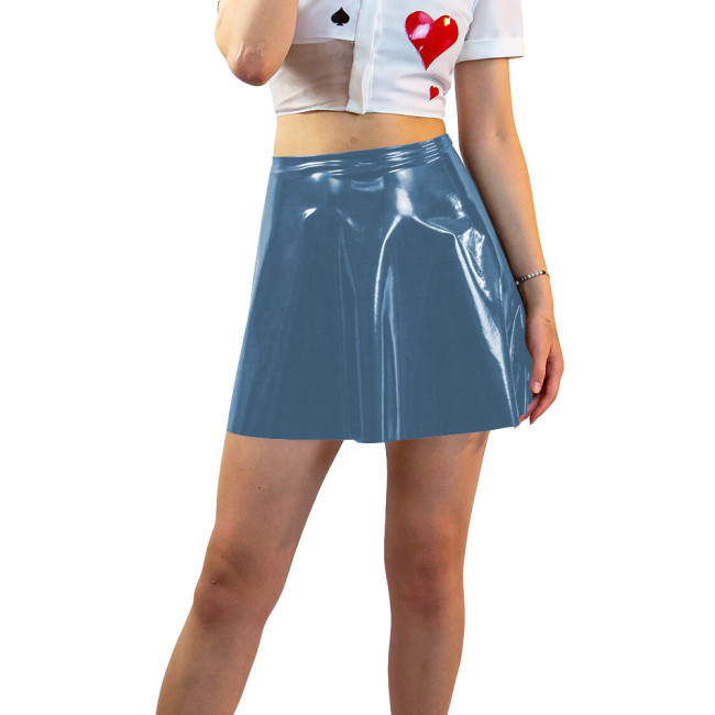 Plus Size Shiny Patent Leather Mini A-line Dress Womens PVC Glossy Short Skating Skirt Gothic High Waist Flared Skirts Clubwear