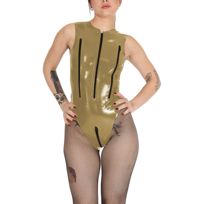Wetlook Chest Zipper Sexy Tank Bodysuit Womens Zipper Open Crotch Tights PVC Leather Romper Exotic Lingerie Unitard Clubwear