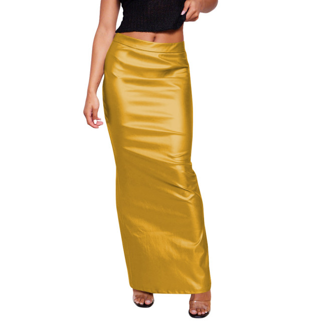 Matte PU Leather Long Pencil Skirts Plus Size Solid Color Maxi Skirt Women's Trendy Wrap Slit Back Skirt Streetwear Club Outfits