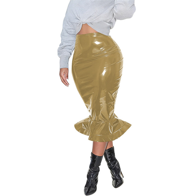 Womens Bodycon Zipper Mermaid Skirt PVC Faux Leather Solid Color Ruffles Hem Midi Skirt Club High Waisted Straight Tight Skirt