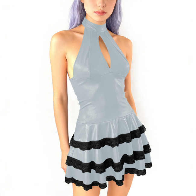 Sexy Pleated Mini Evening Dress Womens Goth Sleeveless Short Prom Dress Halter Collar Backless Cocktail Party Dress Pole Dance