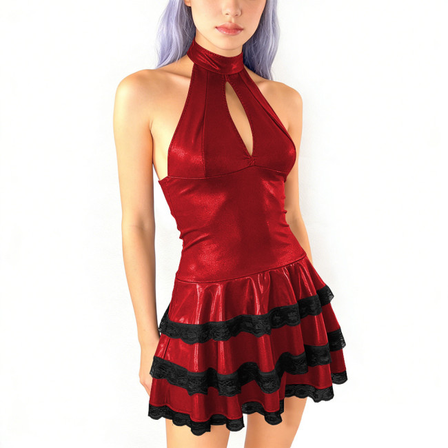 Sexy Pleated Mini Evening Dress Womens Goth Sleeveless Short Prom Dress Halter Collar Backless Cocktail Party Dress Pole Dance