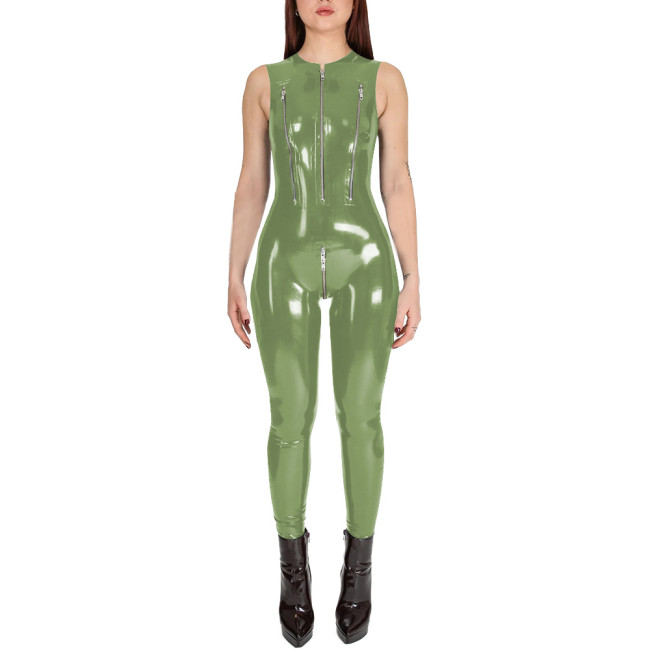 Club Cosplay Sleeveless Sexy Catsuit with Zipper Open Crotch Wetlook PVC Leather Open Breast Jumpsuit Womens Exotic Bodysuit