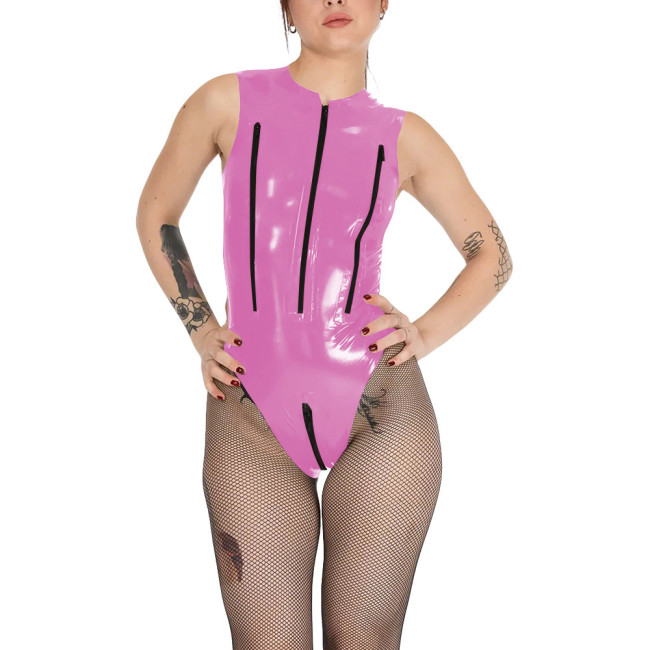 Wetlook Chest Zipper Sexy Tank Bodysuit Womens Zipper Open Crotch Tights PVC Leather Romper Exotic Lingerie Unitard Clubwear