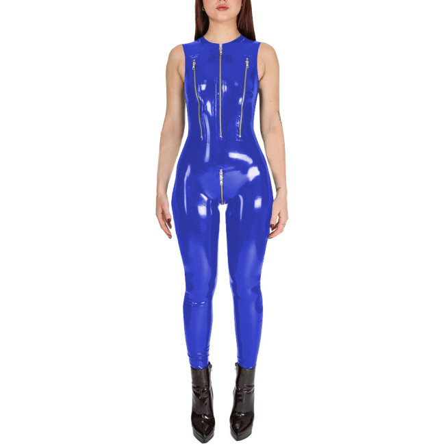 Club Cosplay Sleeveless Sexy Catsuit with Zipper Open Crotch Wetlook PVC Leather Open Breast Jumpsuit Womens Exotic Bodysuit