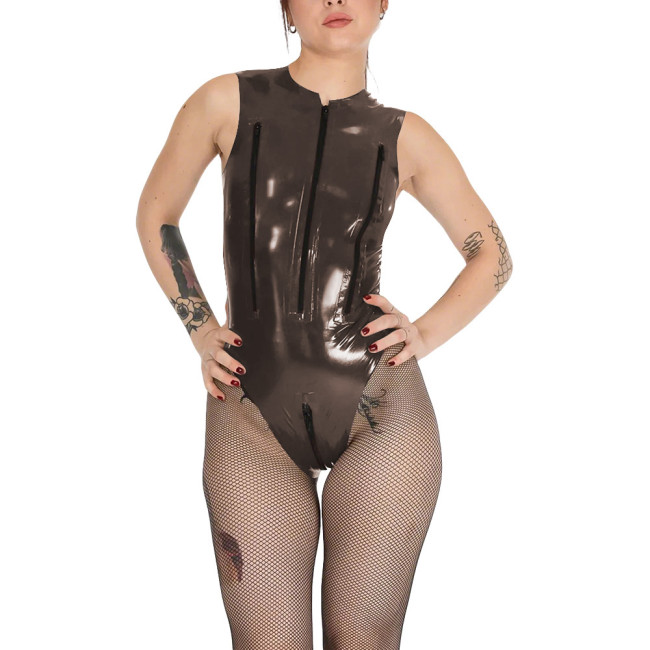 Wetlook Chest Zipper Sexy Tank Bodysuit Womens Zipper Open Crotch Tights PVC Leather Romper Exotic Lingerie Unitard Clubwear