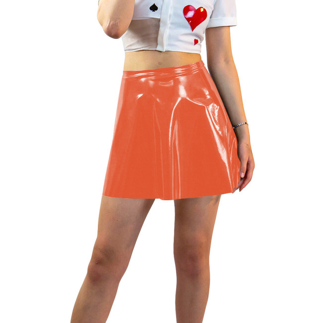 Plus Size Shiny Patent Leather Mini A-line Dress Womens PVC Glossy Short Skating Skirt Gothic High Waist Flared Skirts Clubwear
