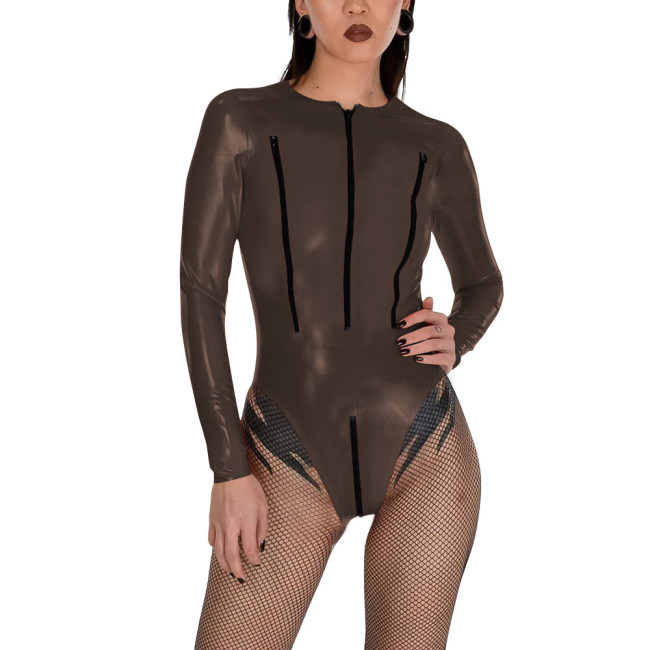 Porno PVC Glossy Leather Bodysuit Sexy Zipper Open Breast Teddies Wetlook Clubwear Lingerie Long Sleeve Zip Crotchless Rompers
