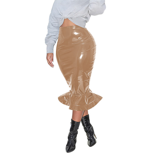 Womens Bodycon Zipper Mermaid Skirt PVC Faux Leather Solid Color Ruffles Hem Midi Skirt Club High Waisted Straight Tight Skirt